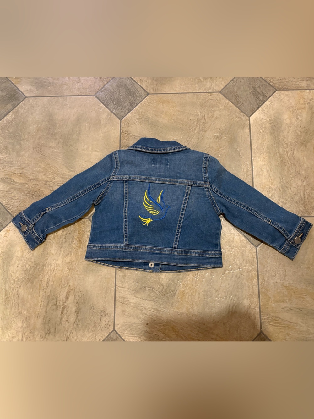The Children's Place Girls Blue Denim Jacket with Yellow Bird Embroidery